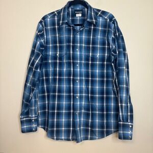 Wrangler Men's Pearl Snap‎ Shirt Blue Plaid Western Cowboy Long Sleeve L